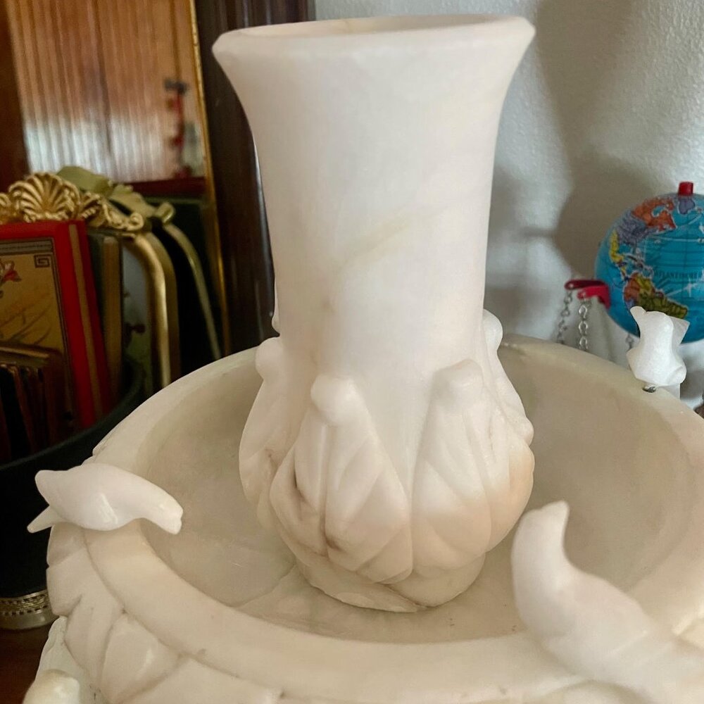 Vintage Hand-Carved Alabaster Vase Creamy White Stone Decorative Urn Leaf Design - Picture 7 of 10